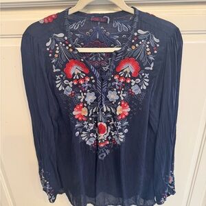 Johnny Was Dark Blue Floral Embroidered Blouse